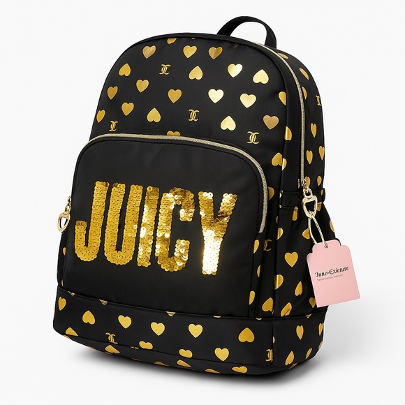 NWT JUICY COUTURE Black Gold Heart Sequin Logo Backpack School Travel Bag main image 10